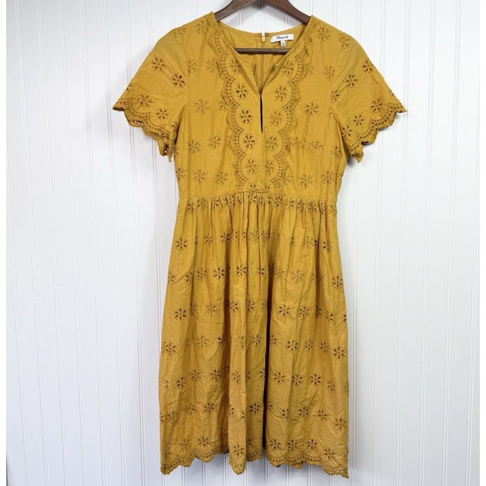 Madewell Womens Scalloped Eyelet Midi Dress Yellow Short Sleeve Size 6P Petite